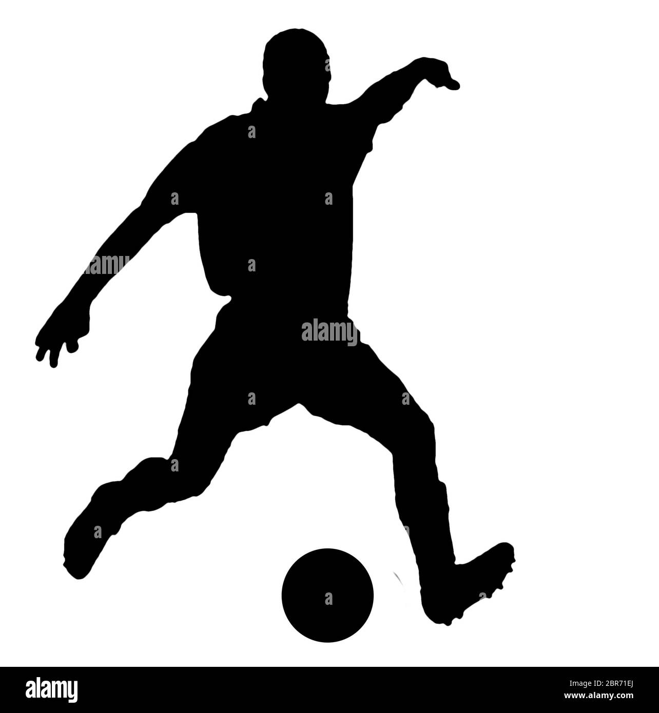 Fußball-Spieler als Silhouette isoliert auf weißem, während ein Fußball schießen Stockfoto