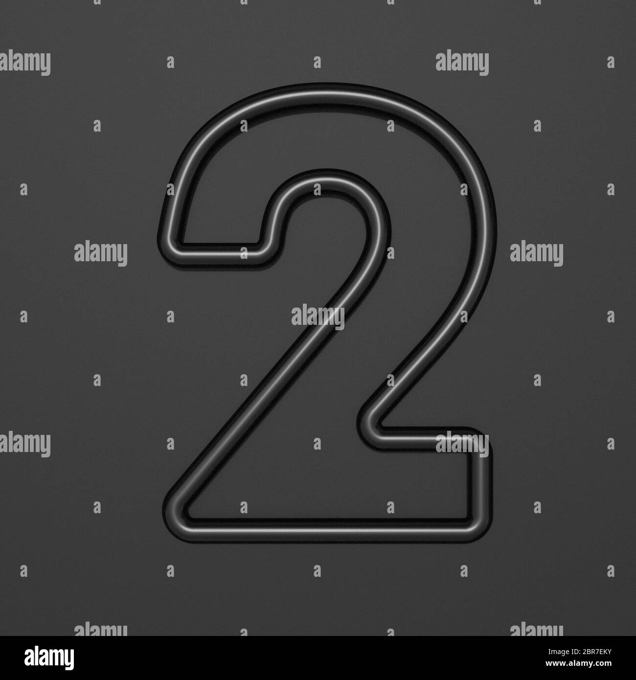 Schwarzer Outline Font Nummer 2 zwei 3D-Abbildung auf schwarzem Hintergrund Stockfoto