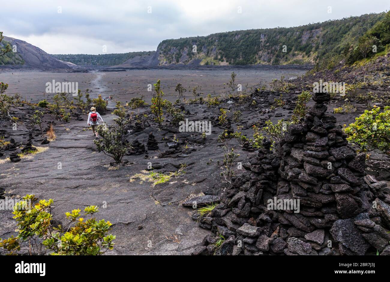 Menschen wandern auf dem Kraterboden des Kilauea Iki Krater und Pu'U PUA'i (Gushing Hill) mit dem dampfenden Kilauea Krater in der Ferne, April 2017 A Stockfoto