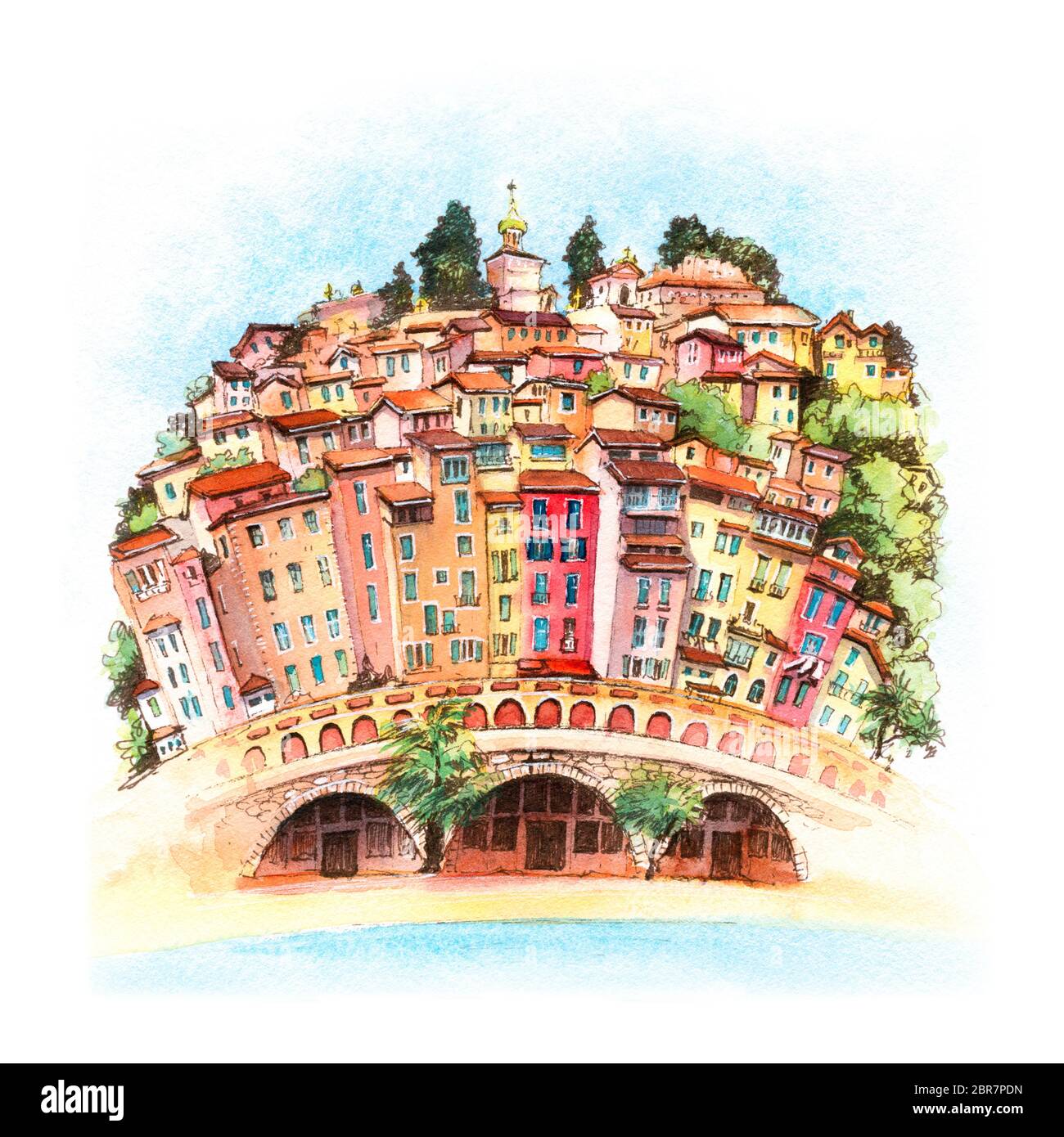 Aquarell Skizze von bunten Altstadt und Strand im sonnigen Menton, Perle de la France, die Französische Riviera, Frankreich Stockfoto