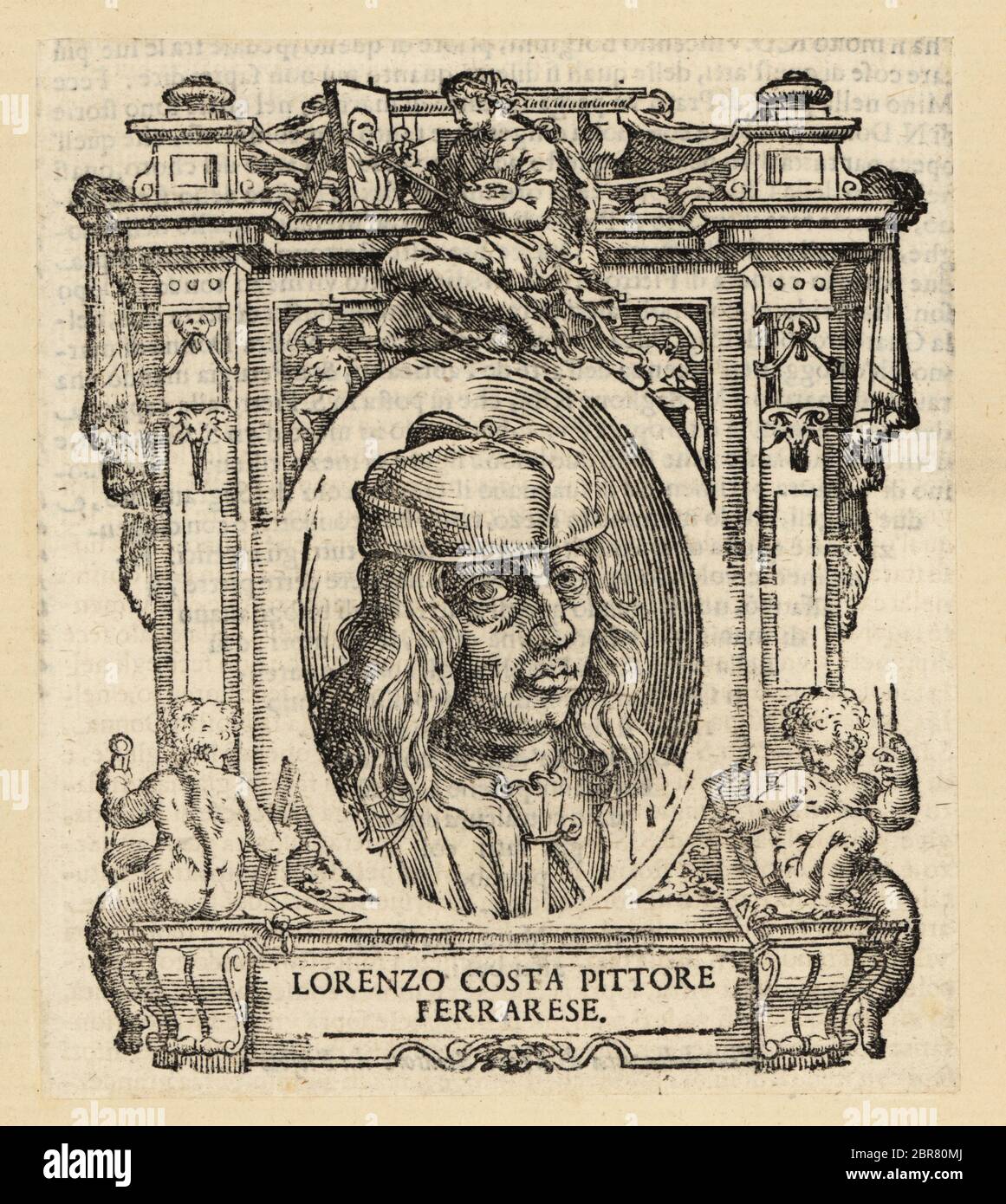 Porträt von Lorenzo Costa, italienischer Maler aus Ferrara der Renaissance, 1460-1535. Lorenzo Costa Pittore Ferrarese. Holzschnitt aus Giorgio Vasaris Le vite de’ piu eccellenti pittori, scultori, et architettori, das Leben der besten Maler, Bildhauer und Architekten, Florenz, 1678. Stockfoto