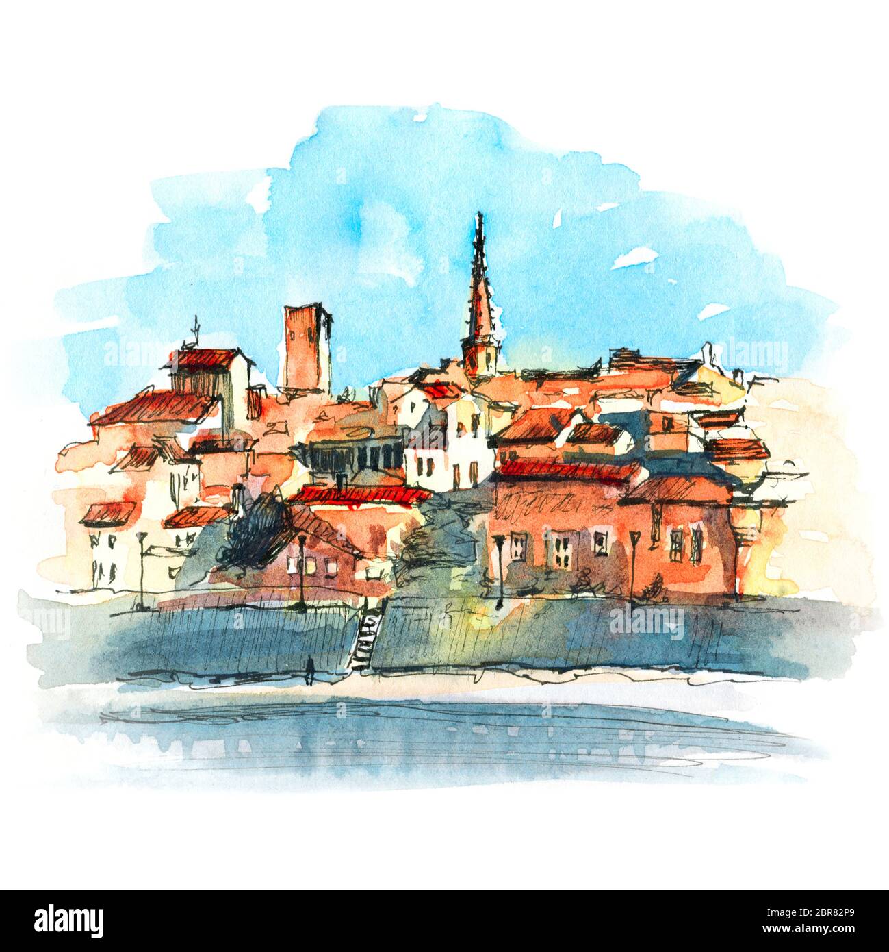 Aquarell-Skizze der Böschung von Arles mit Kirchen, Türmen und alten Häusern der Altstadt, Arles, Südfrankreich Stockfoto