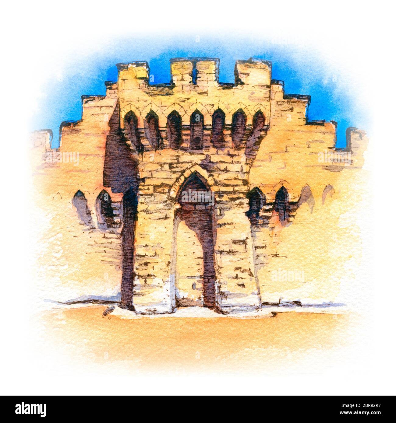 Aquarellskizze der berühmten mittelalterlichen Stadtmauern von Avignon, Provence, Südfrankreich Stockfoto