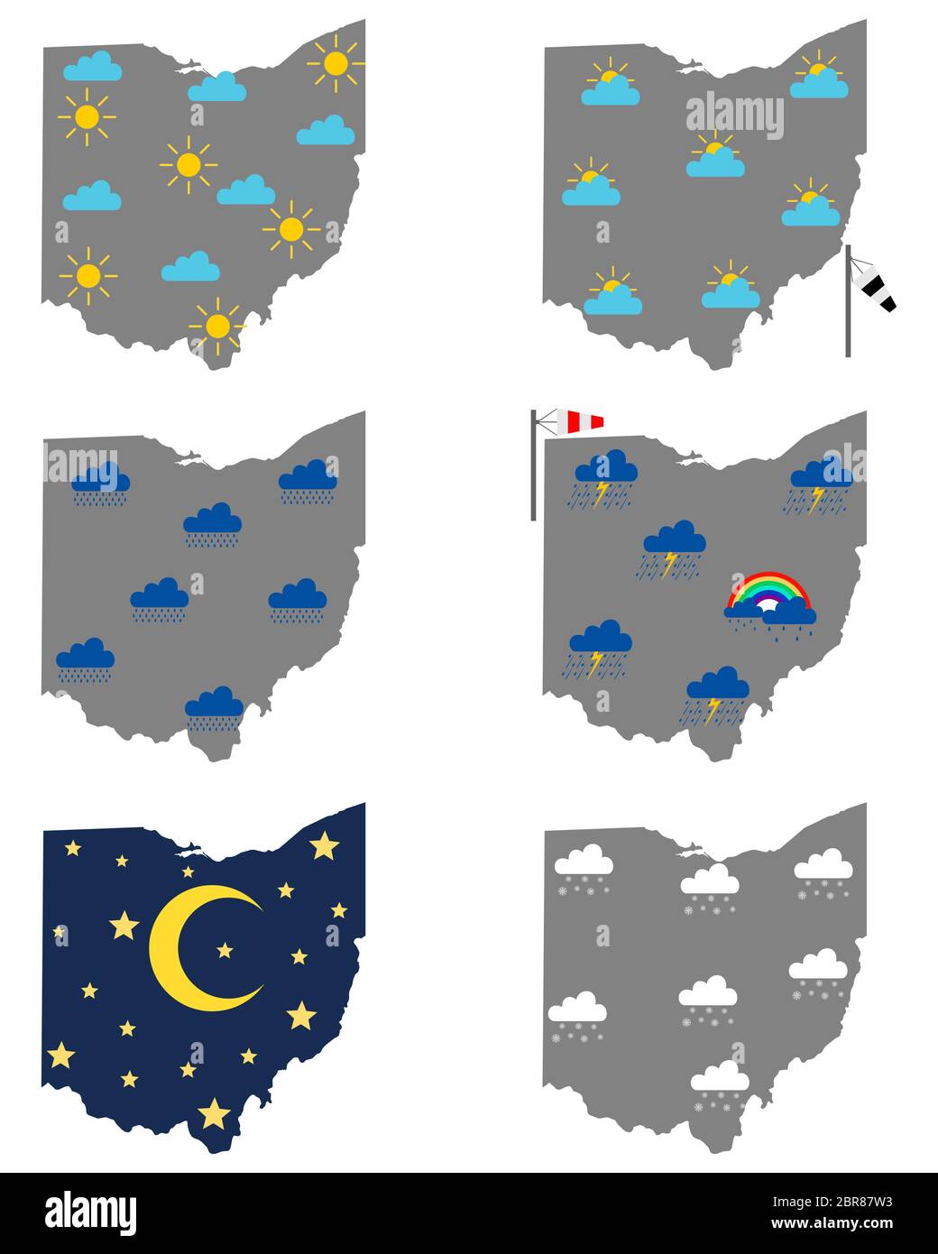 Karten von Ohio mit verschiedenen Wettersymbolen Stockfoto