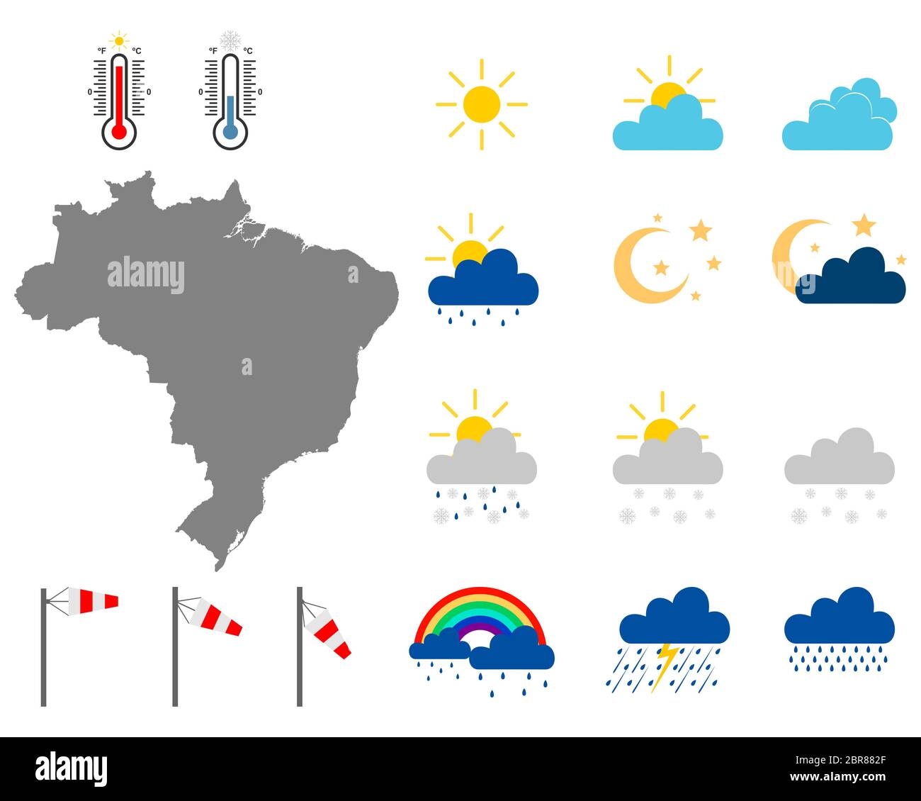 Karte von Brasilien mit Wettersymbolen Stockfoto