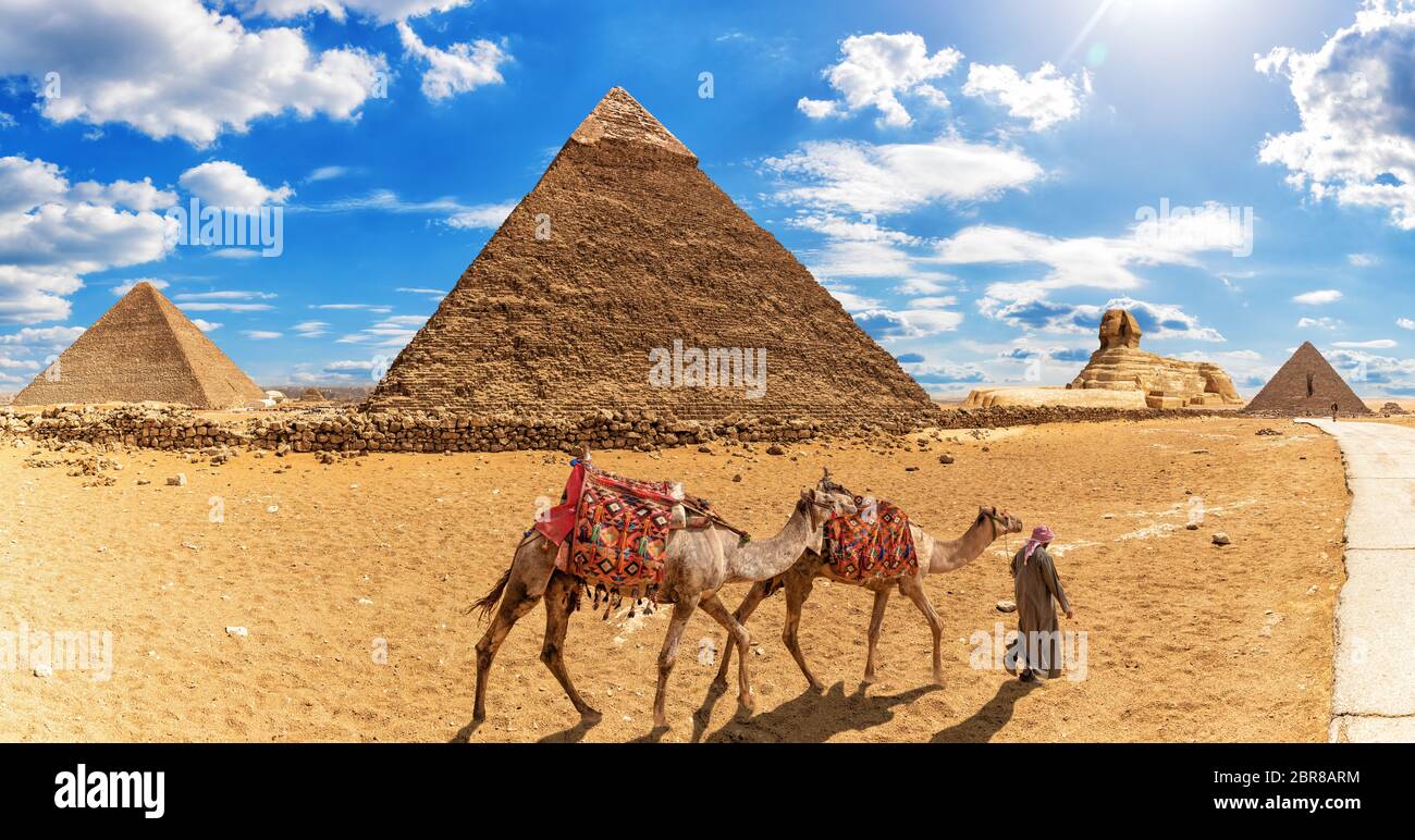Die Beduinen mit kamelen vor den Pyramiden und der Sphinx von Gizeh. Stockfoto