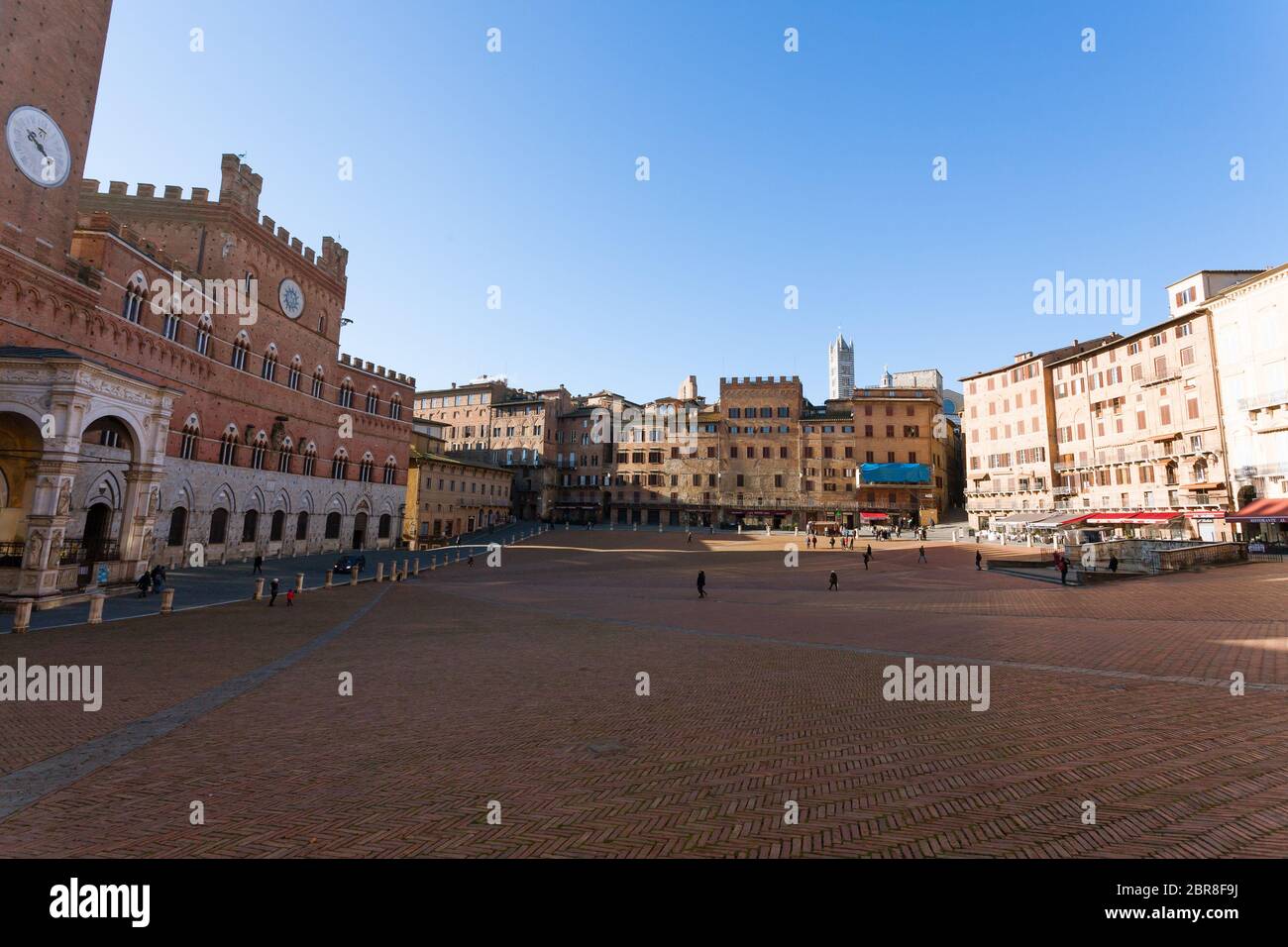 Tagesansicht Campo Platz (Piazza del Campo), Siena, Palazzo Pubblico und Mangia-Turm (Torre del Mangia) in Siena, Toskana, Italien. Stockfoto