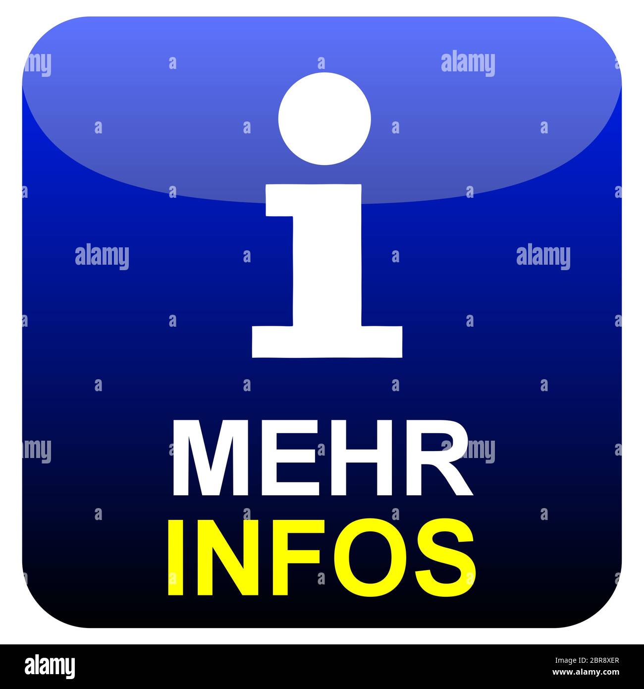 Glänzend moderner, isolierter blau-schwarzer Knopf: Mehr Informationen in deutscher Sprache mit Info-Symbol Stockfoto