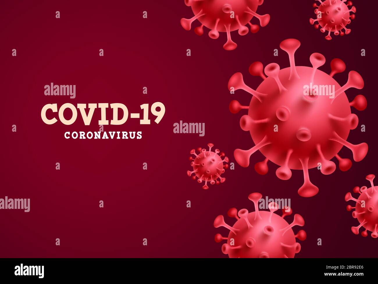Covid-19 Coronavirus roter Vektor Hintergrund. Coronavirus Covid-19 Text in rotem Leerraum mit 3d realistischem sars ncov für globale Pandemie. Stock Vektor