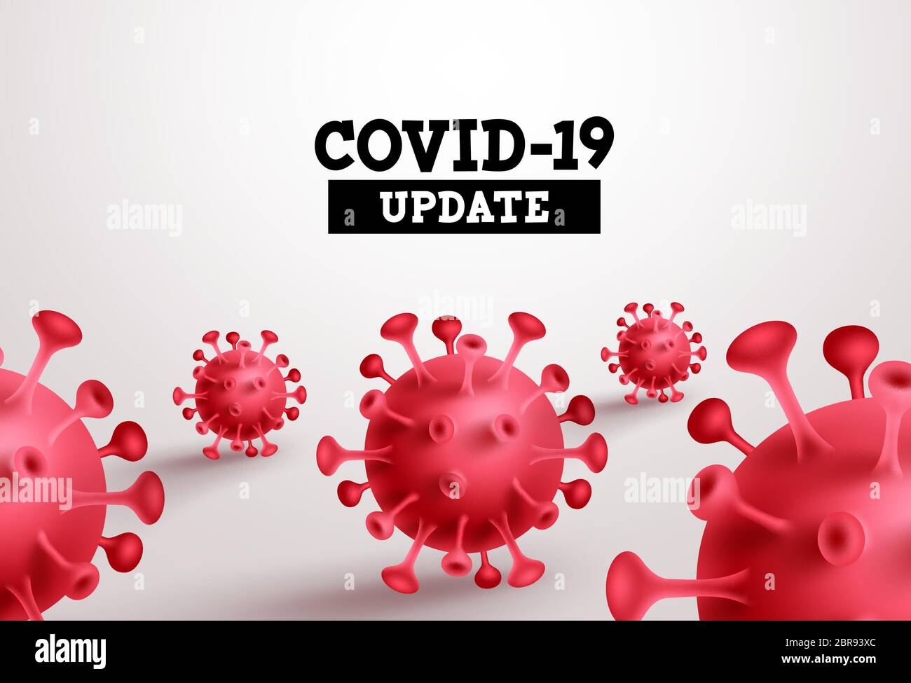 Covid-19 Update-Vektor-Banner. Covid19 Aktualisierungstext mit rotem Coronavirus auf weißem Hintergrund für den weltweiten Ausbruch des neuen Coronavirus. Stock Vektor