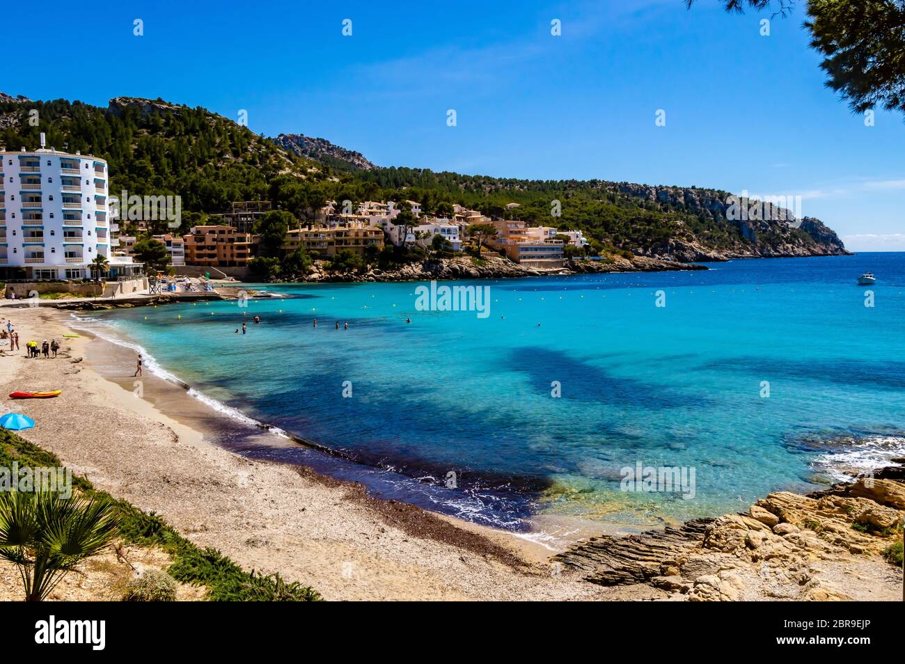 Sant Elm Strand, Mallorca. Strand von Sant Elm auf der Balearen Insel Mallora, Spanien Stockfoto