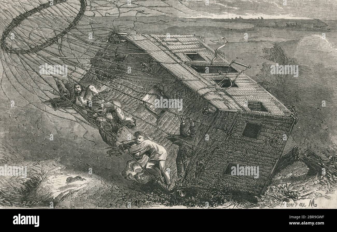 Henry de Montaut, Petit, Katastrophe der Ballons Le Geant. - das Maschinenhaus, das den Boden in Nieubourg (Hannover) ebnen soll, um 1863 Stockfoto