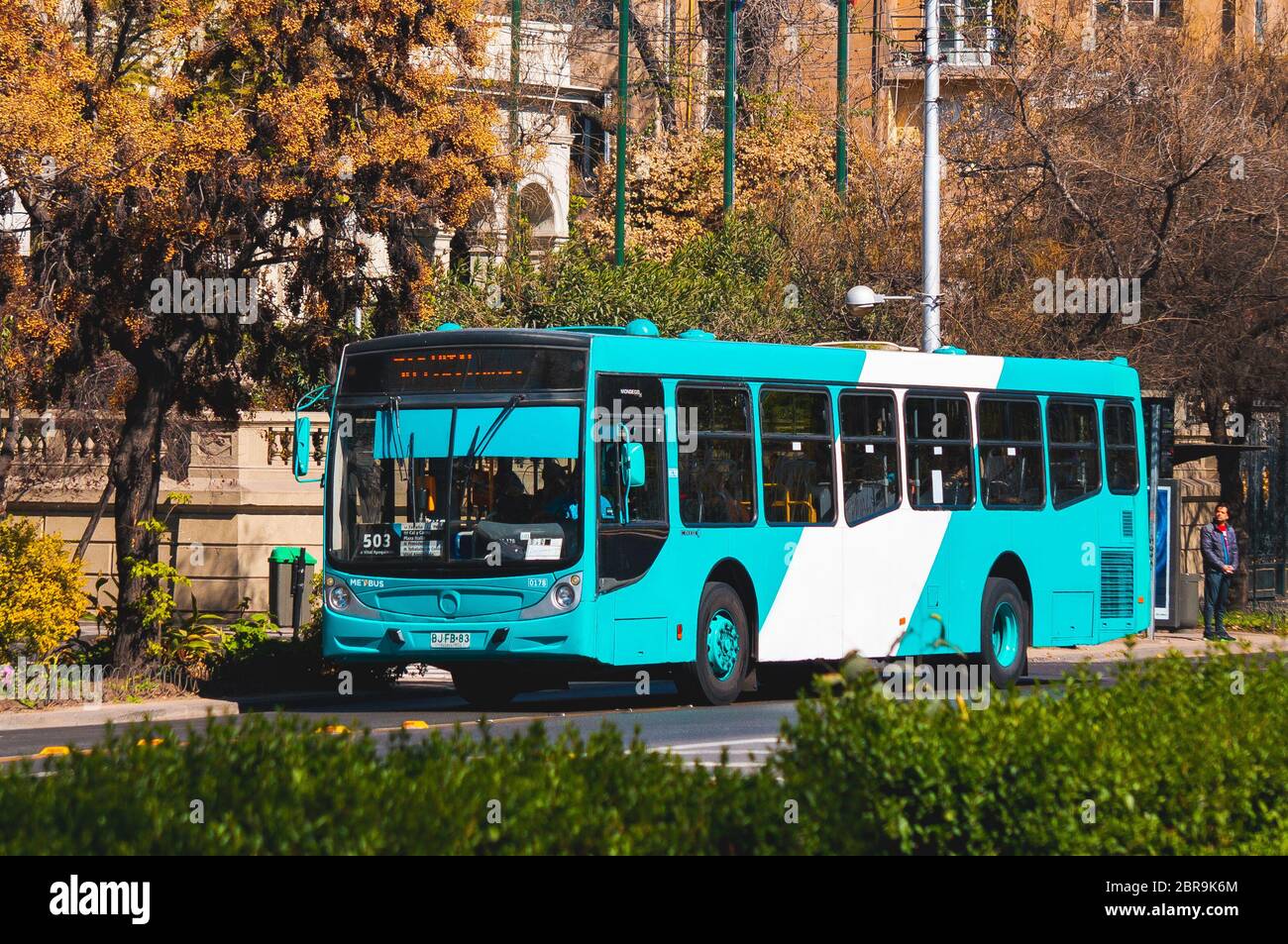 SANTIAGO, CHILE - SEPTEMBER 2016: Ein Transantiago - Red Movilidad Bus in der Innenstadt von Santiago Stockfoto