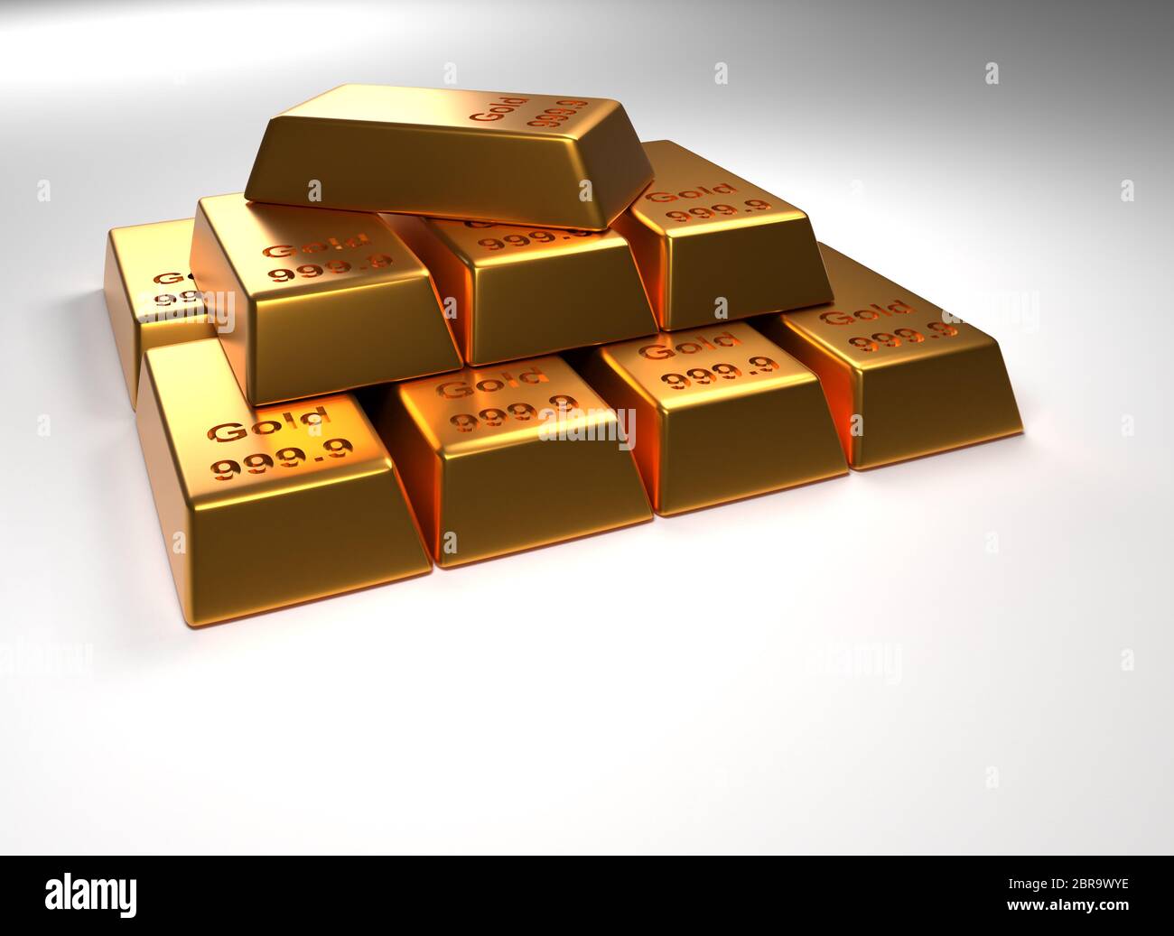 Gestapelte Gold Bars auf einem hellen Hintergrund, 3D-Rendering, Finanzkonzept Stockfoto