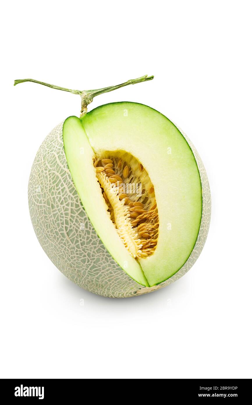 Bio frische japanische Honigtau Melone auf weißem isolierten Hintergrund mit Clipping Pfad in vertikalen. Reife grüne Cantaloup Melone haben süßen Geschmack und Jui Stockfoto