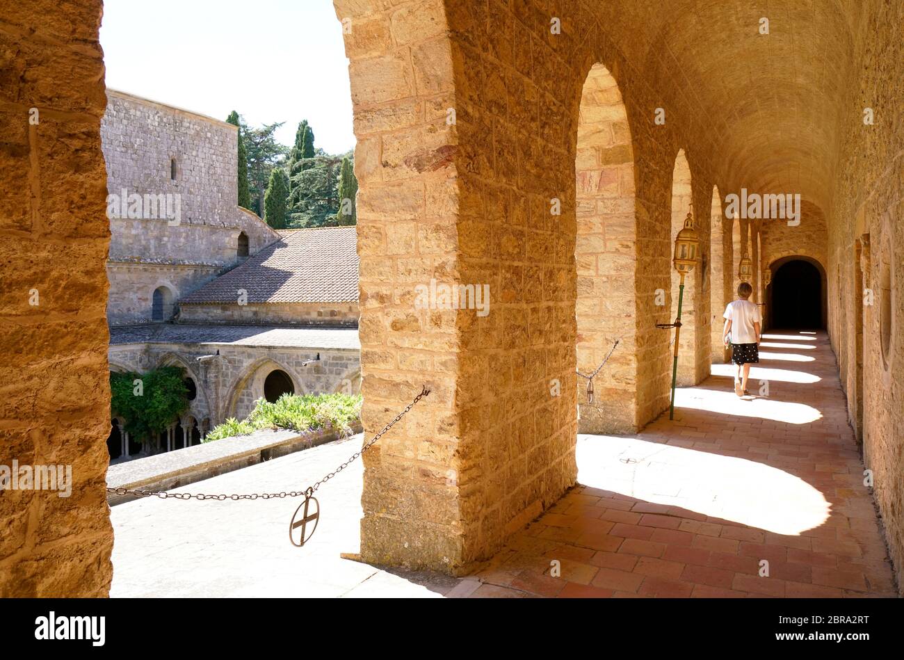 Torbogen im oberen Stockwerk des Klosters Abbaye Sainte-Marie de Fontfroide oder der Abtei Fontfroide in der Nähe von Narbonne, Departement Aude, Occitanie, Frankreich, Stockfoto