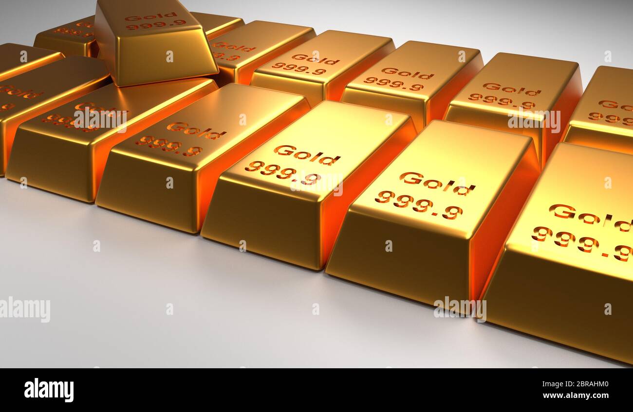 Gestapelte Gold Bars auf einem hellen Hintergrund, 3D-Rendering, Finanzkonzept Stockfoto