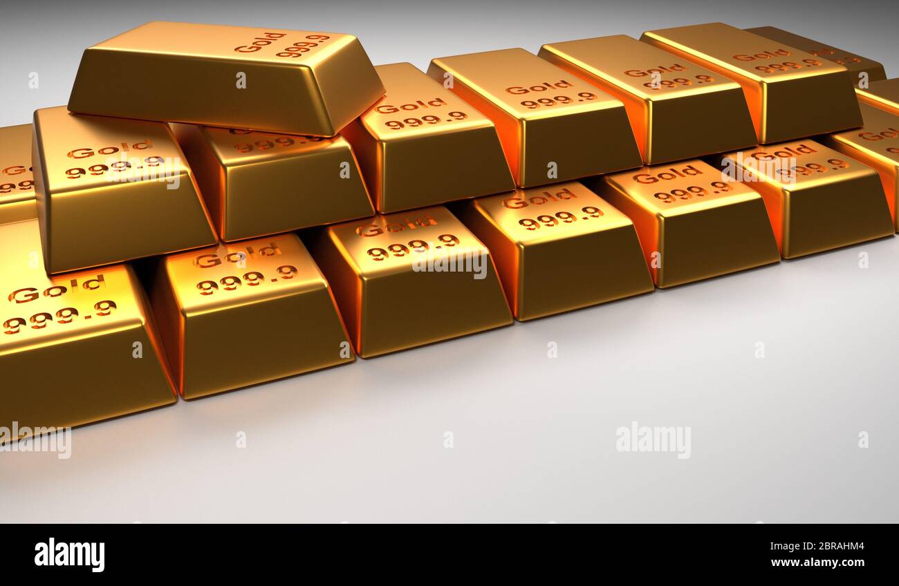 Gestapelte Gold Bars auf einem hellen Hintergrund, 3D-Rendering, Finanzkonzept Stockfoto