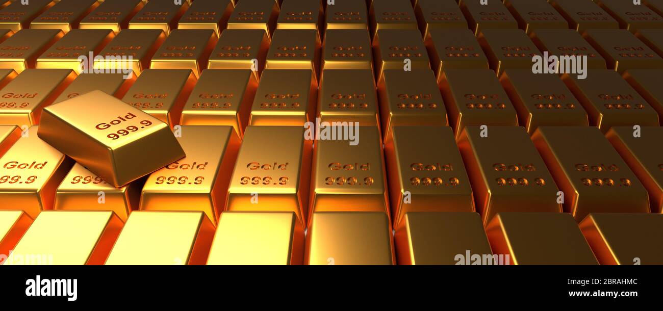Gestapelte Gold Bars auf einem hellen Hintergrund, 3D-Rendering, Finanzkonzept Stockfoto