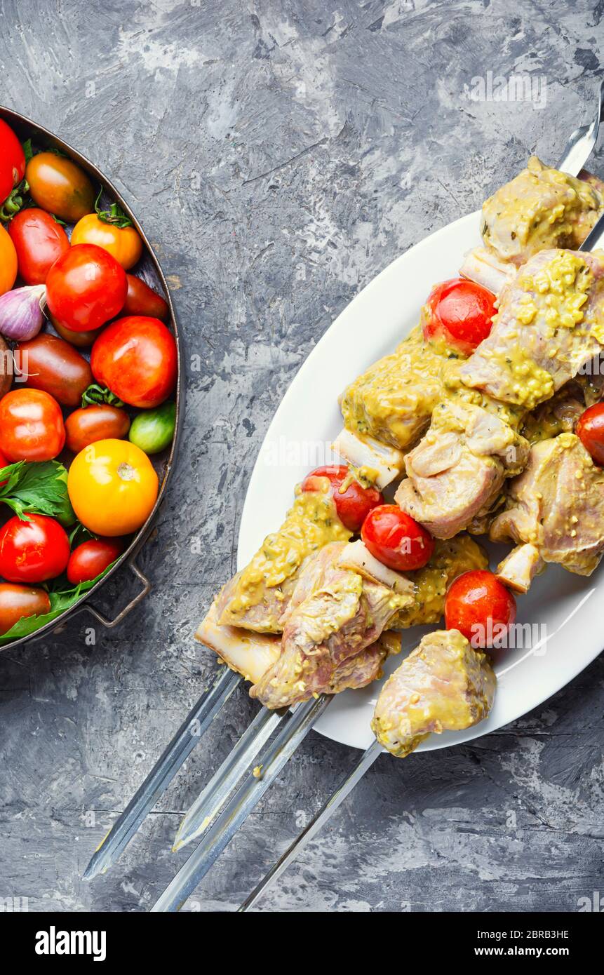 Die Kebabs aus Fleisch - rohes Fleisch am Spieß Marinierte BBQ-Fleisch. Stockfoto