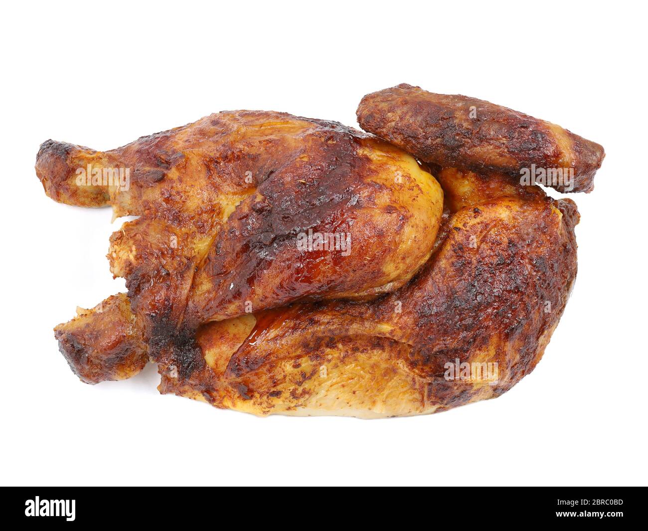 bayrisch gegrilltes, gebratenes halbes Huhn isoliert auf weißem Hintergrund Stockfoto