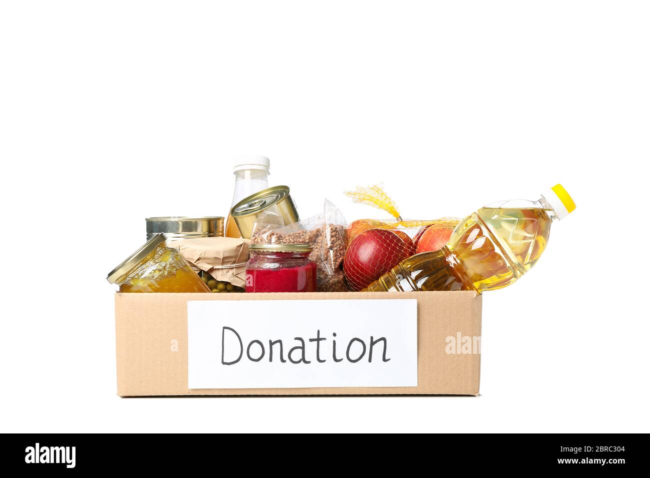 Spendenbox isoliert auf weißem Hintergrund. Papierbox mit Lebensmitteln Stockfoto