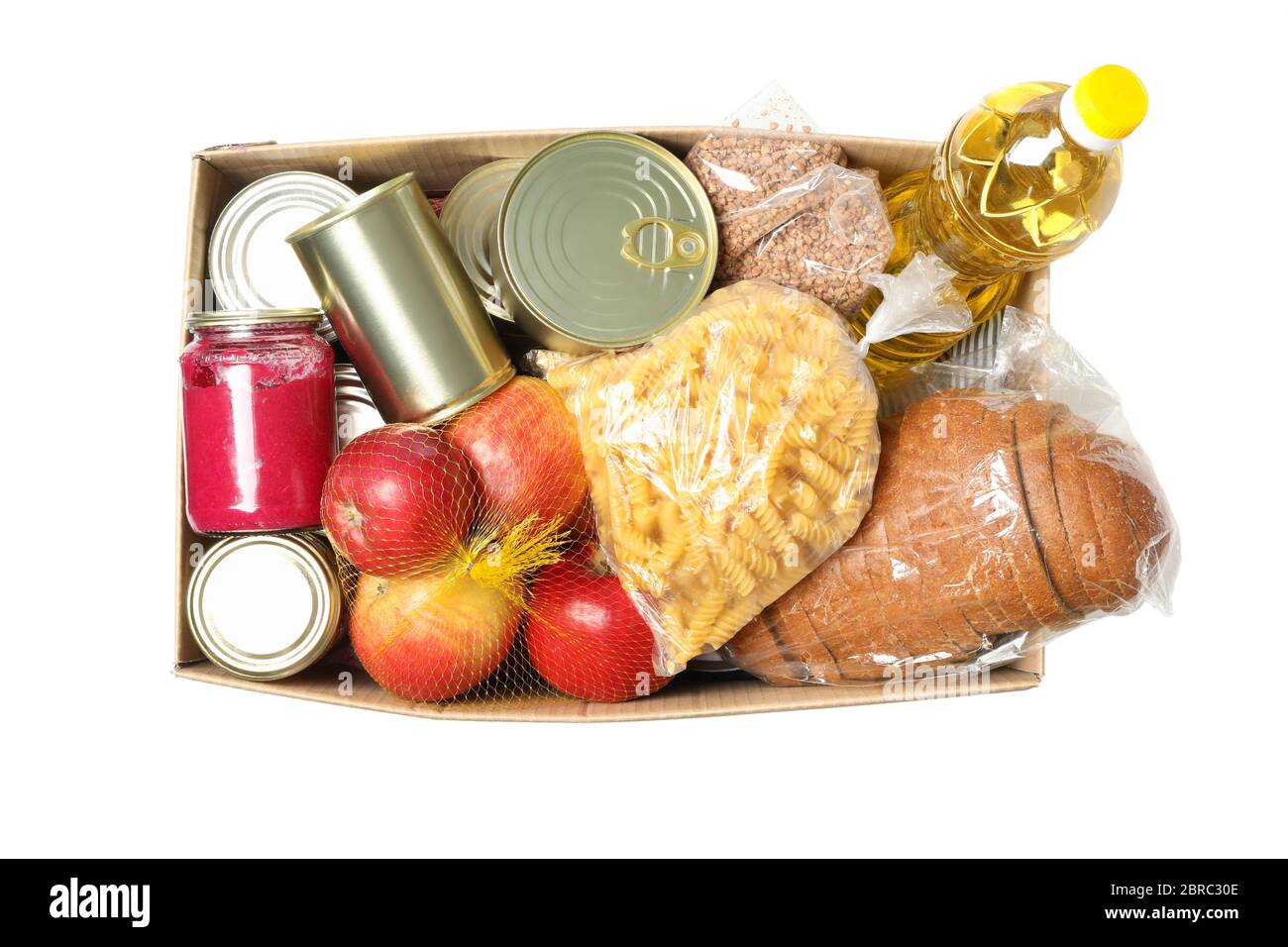 Spendenbox isoliert auf weißem Hintergrund. Papierbox mit Lebensmitteln Stockfoto