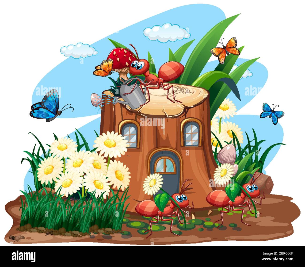 Szene mit Pflanzen und Insekten in der Gartenillustration Stock Vektor