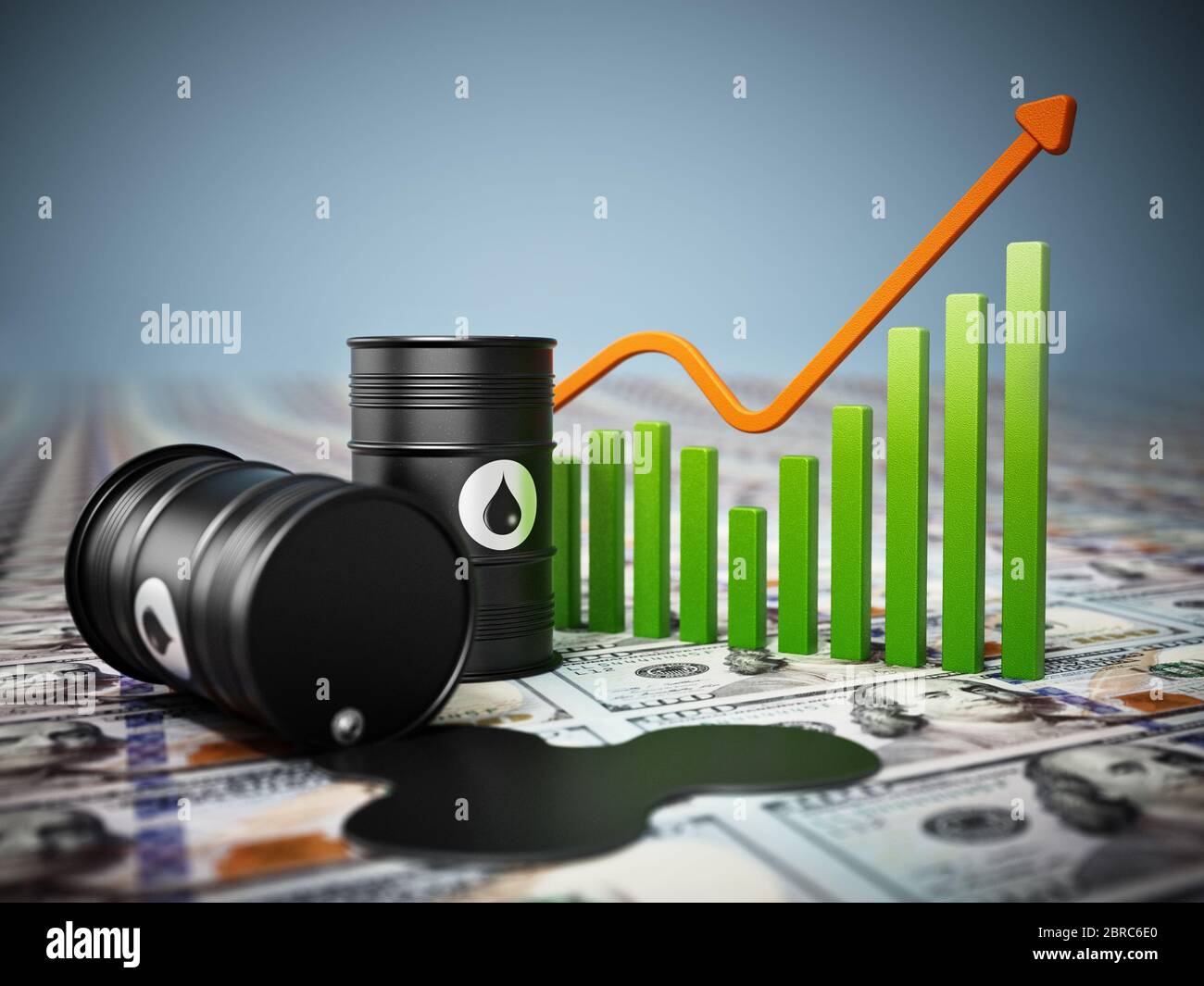 Ölfässer auf Dollar Hintergrund. Konzept der steigenden Ölpreise. 3D-Darstellung. Stockfoto