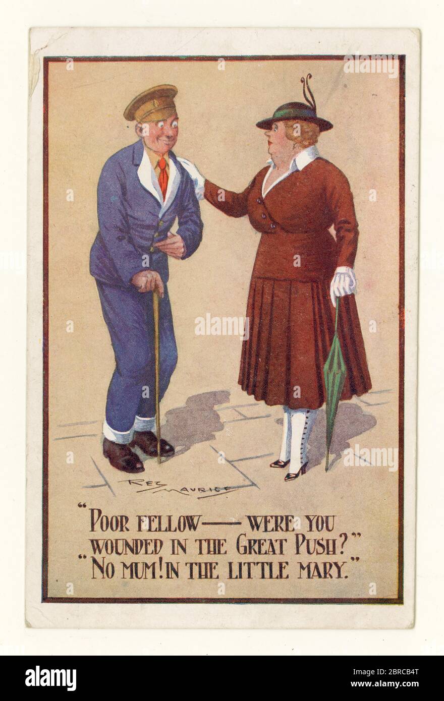 Original Comic-Postkarte aus der Zeit WW1 mit einem verwundeten Soldaten, der im Magen verletzt wurde, datiert vom 17. August 1917, Großbritannien Stockfoto