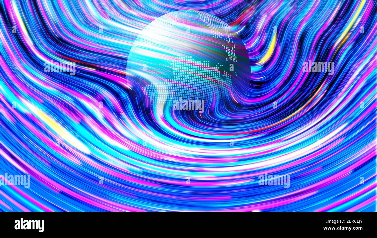 Fantasy Planet und holographische Metallfolie Regenbogen Welle, fließende Flüssigkeit fraktal abstrakte Textur, Retro 80er Jahre Retro Cyberpunk Stil. Stockfoto