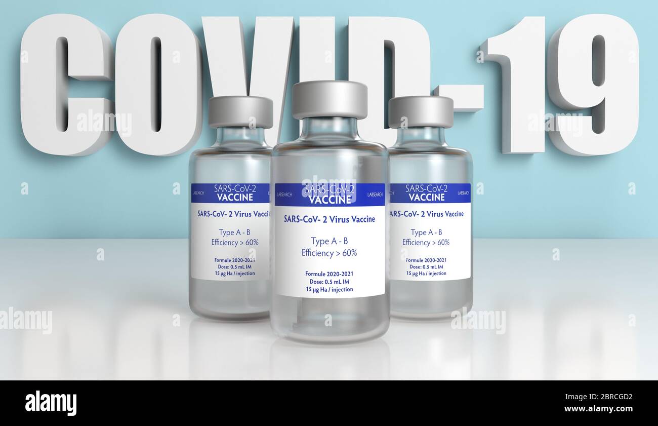 SARS-CoV-2 Impfstoffflaschen 3D-Rendering auf blauem Hintergrund Stockfoto