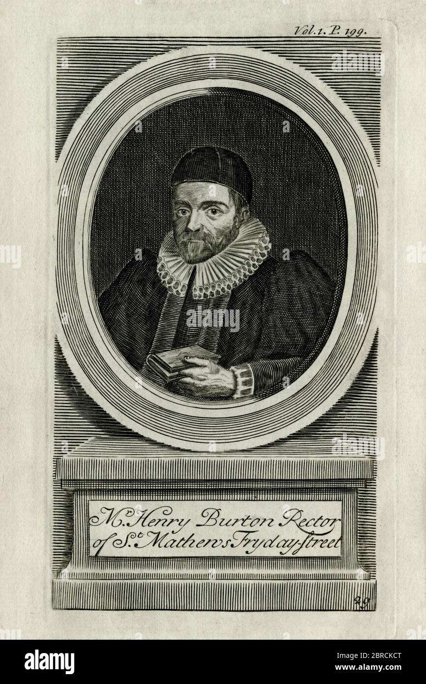 Henry Burton (1578-1648), englischer Puritaner und radikaler Prediger, der 1637 in eine Pillory gesteckt wurde und dem die Ohren abgeschnitten wurden. In einer Predigt, die Burton 1636 predigte, nannte er Bischöfe „Raupen“ und „antichristliche Strauße“. Die Gravur wurde in der 1740. Ausgabe von „History of the Rebellion and Civil Wars in England“ von Edward Hyde (1609-1674) verwendet und wurde als 1. Earl of Clarendon in die Ära erhoben. Stockfoto