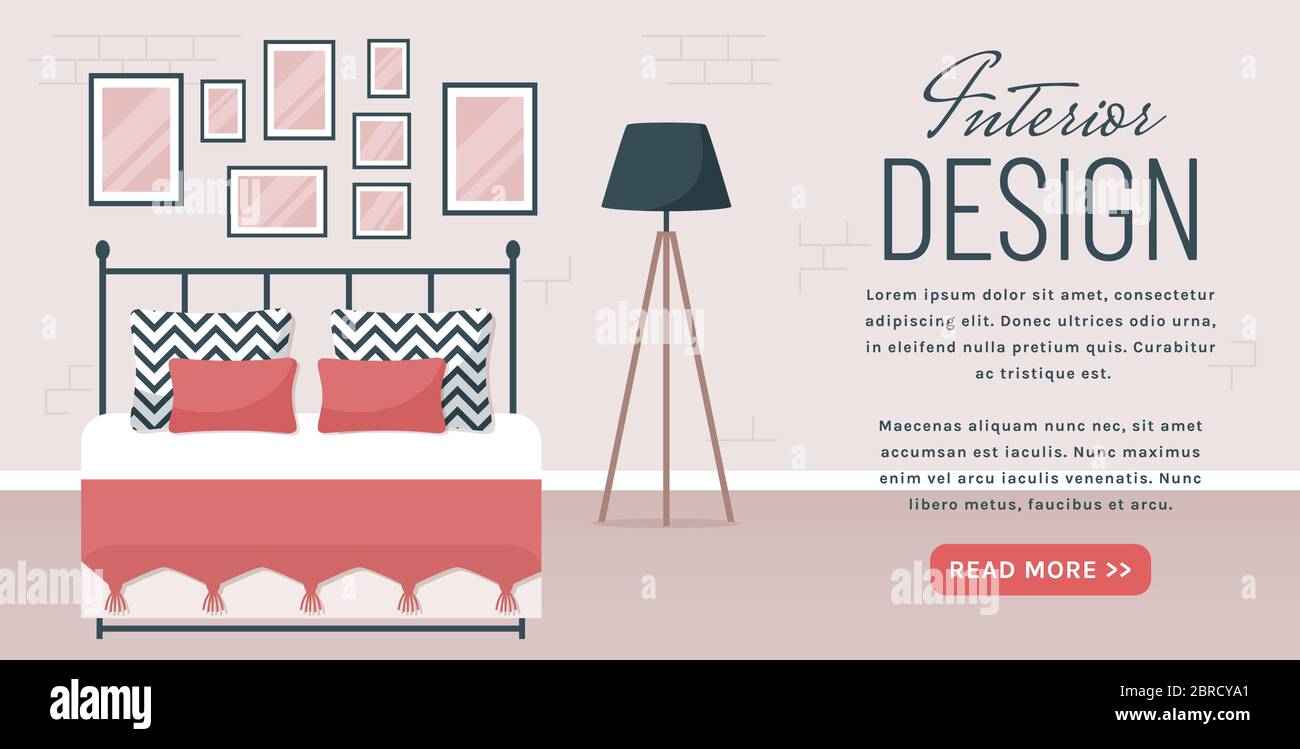 Schlafzimmer innen. Vektor-Webbanner mit Platz für Text. Modernes Zimmer-Design mit Doppelbett. Wohnmöbel. Flache Illustration mit Kopierfläche. Stock Vektor