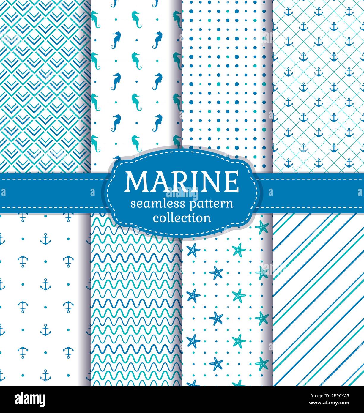 Nautische Muster. Set von Meer nahtlose Hintergründe mit Seepferdchen, Anker, Seesterne und abstrakte Ornamente. Vektorsammlung. Stock Vektor