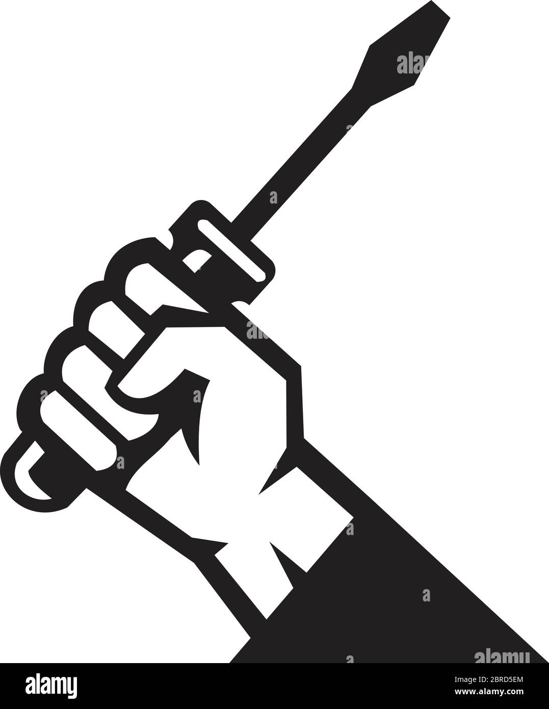 Schwarz-Weiß-Ikone Abbildung eines amerikanischen Reparaturmanns, Elektrikers oder Handwerkers, der einen Schraubendreher von der Seite auf isoliertem weißen Rücken hält Stock Vektor