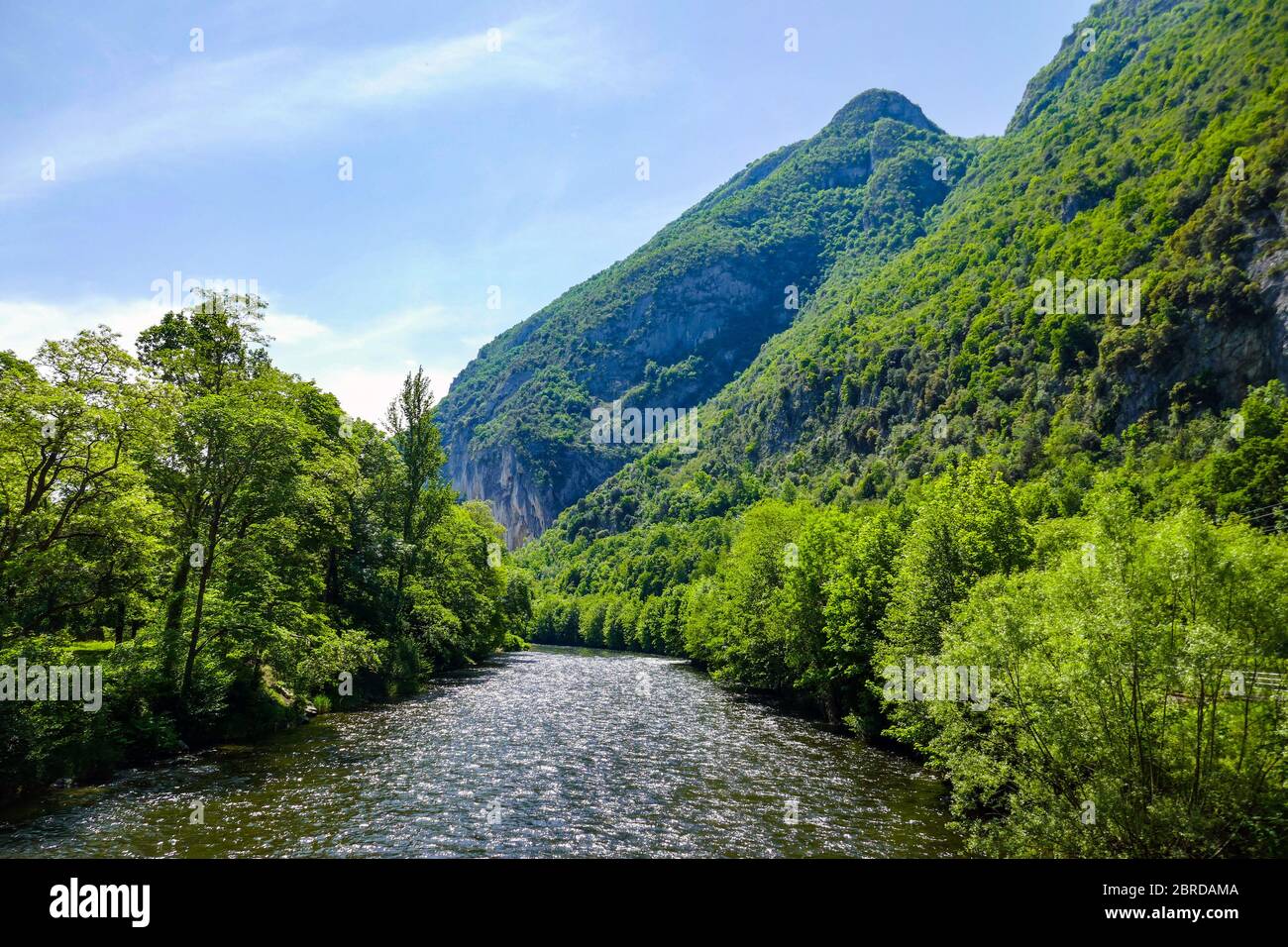 Frühling Grün und der Ariege Fluss fließt durch die Pyrenäen, Ariege, Französisch Pyrenäen, Frankreich Stockfoto