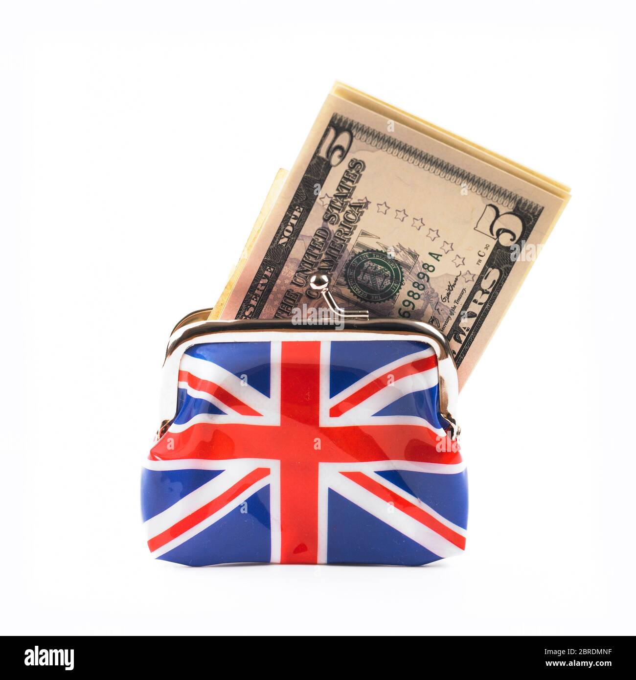 5 US-Dollar-Geldscheine in Union Jack-Faltschließe Geldbörse gestopft Stockfoto