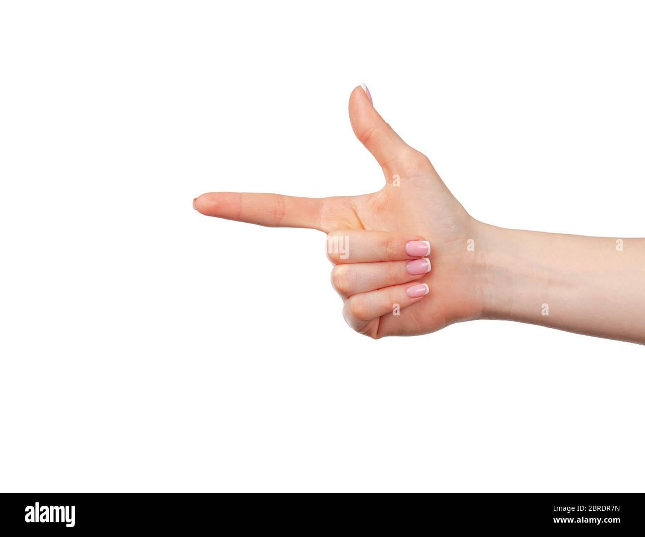 Weibliche Hand zeigt mit dem Finger nach links Stockfoto