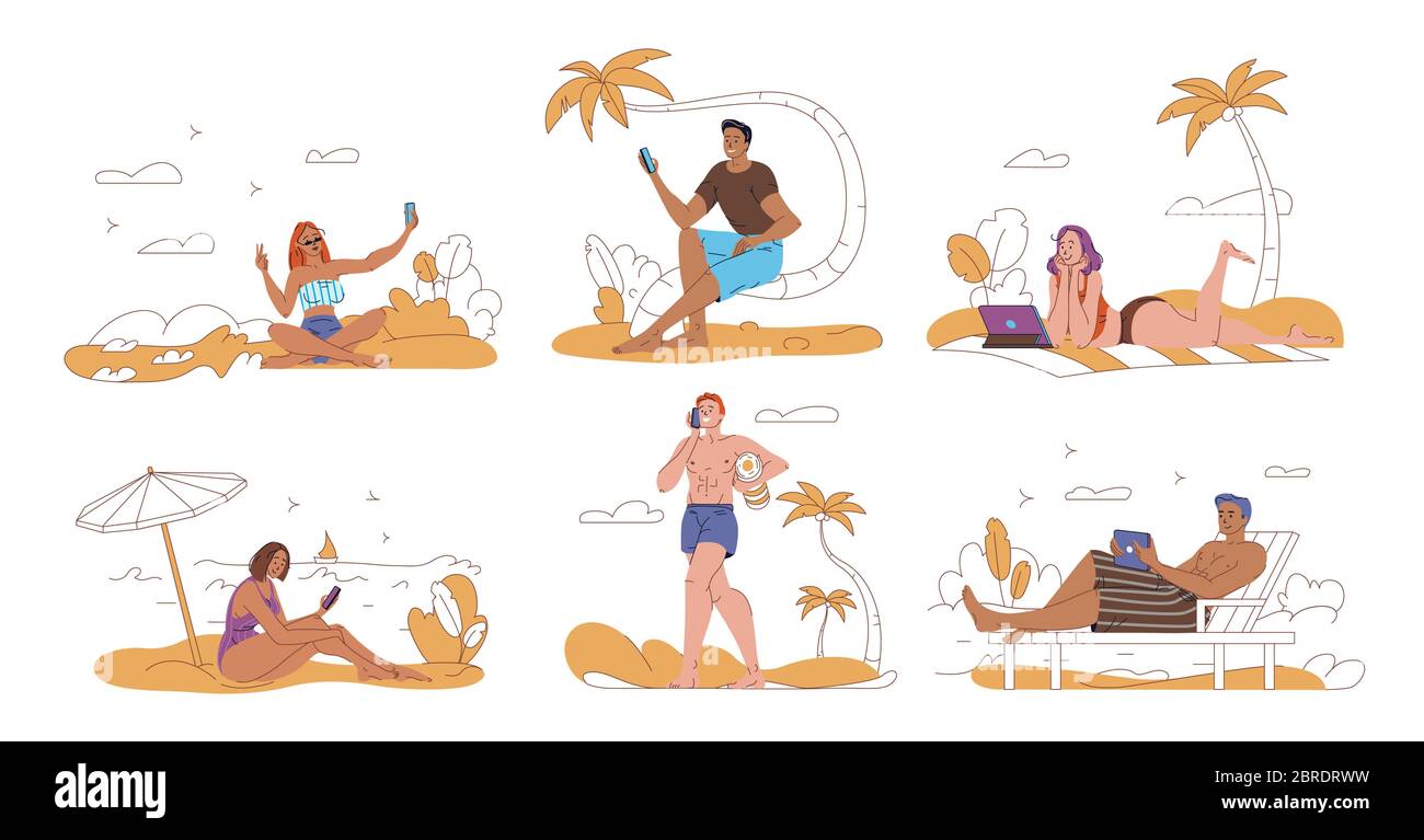 Leute Touristen Surfen Internet Erholung am Strand Stock Vektor