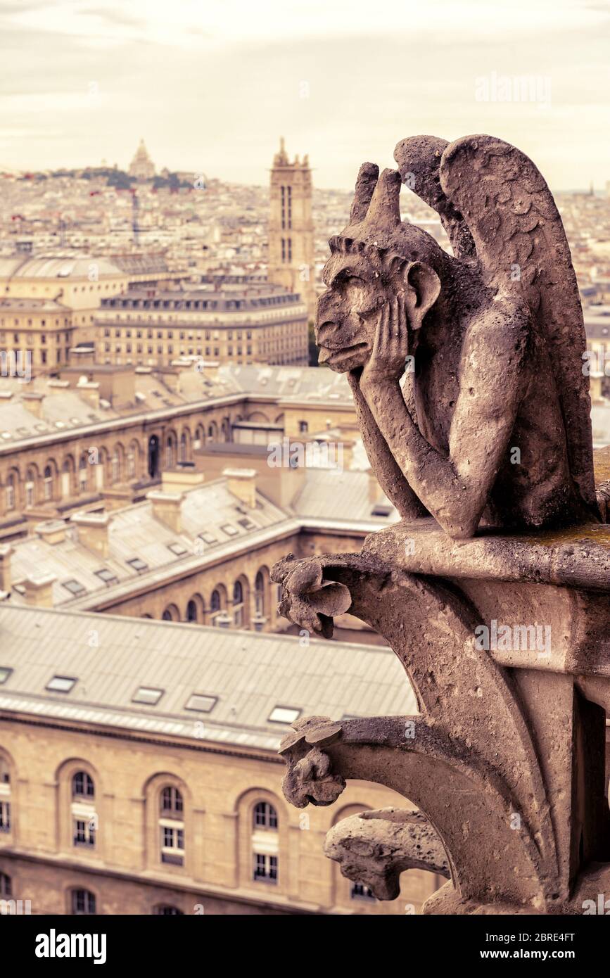 Chimera (Wasserspeier) der Kathedrale von Notre Dame de Paris mit Blick auf Paris, Frankreich Stockfoto