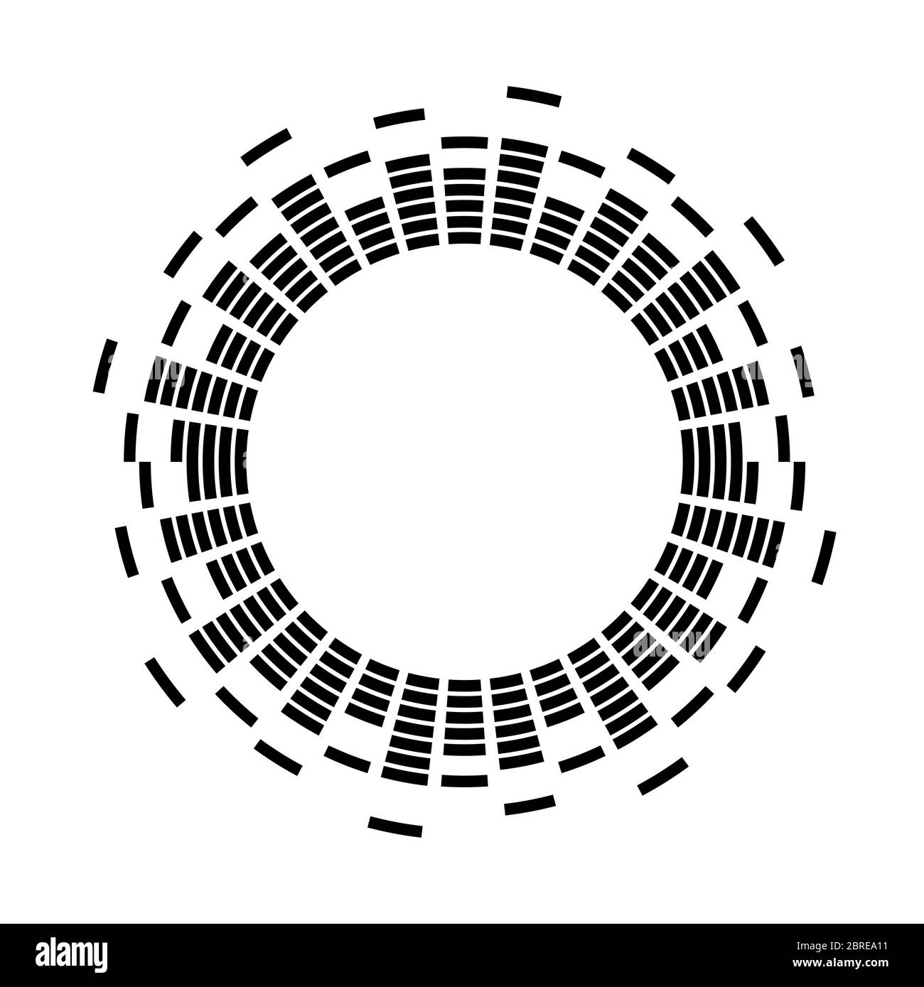 Logo „Digital Sound Vibrations“. Logo für Audioausgleichsgeräte. Musiksymbol. Bilderrahmen. Panoramablick auf die Wolkenkratzer der Stadt. Architektonische Gebäude Silhouette Stock Vektor