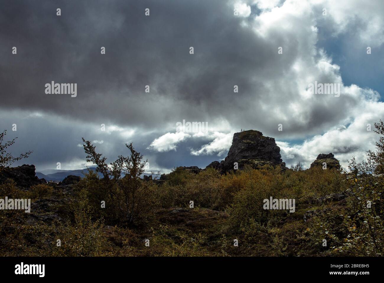 Blick auf Dimmuborgir, eine vulkanische Formation in der Region des Sees Mývatn. Die gekühlten Lavaformationen sind schwarz, mit etwas Vegetation in der Nähe Stockfoto