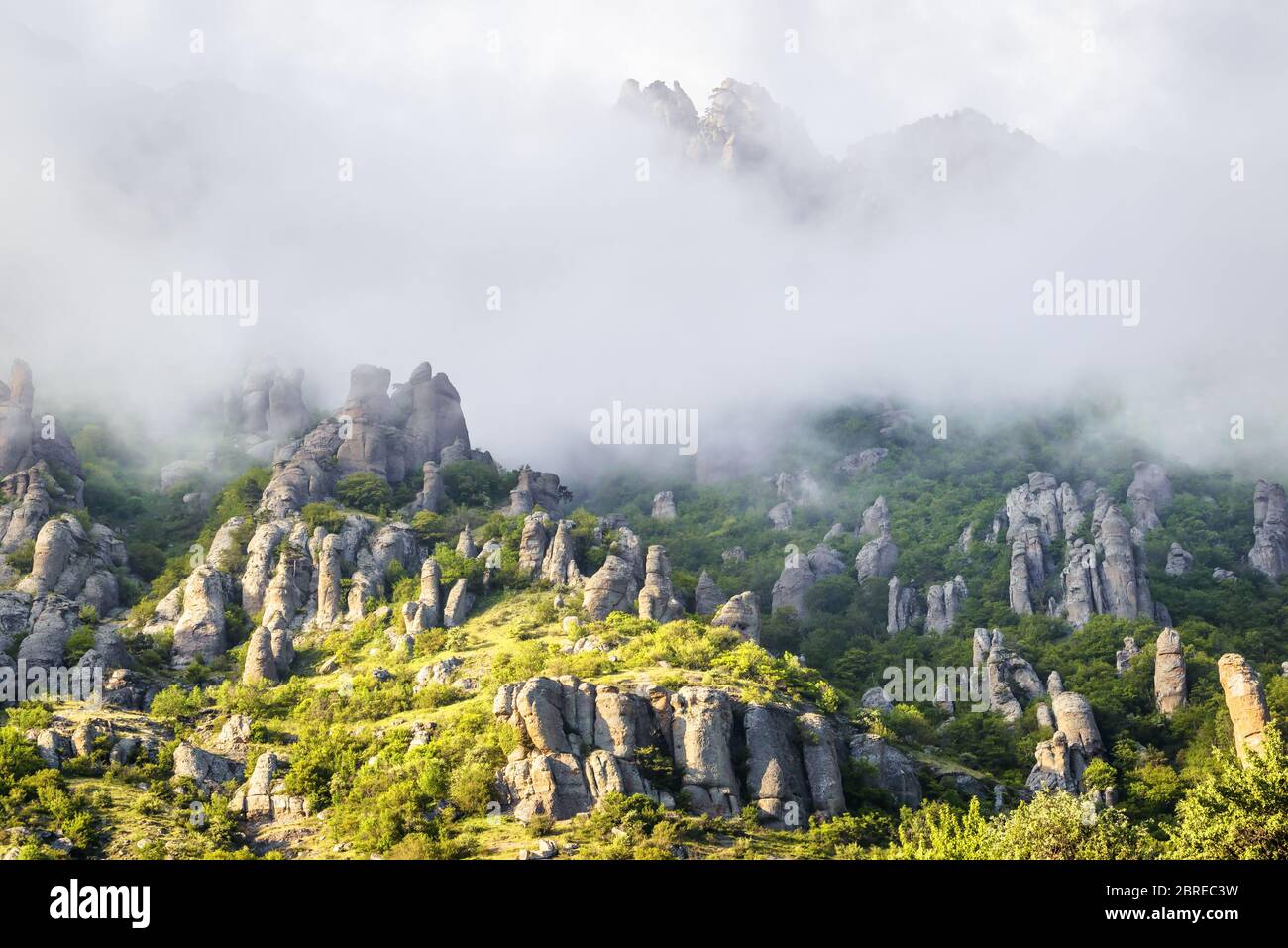 Berglandschaft mit Nebel, Krim, Russland. Tal der Geister des nebligen Demerdji Berges. Dieser Ort ist eine natürliche touristische Attraktion Krim. Landschaftlich Stockfoto