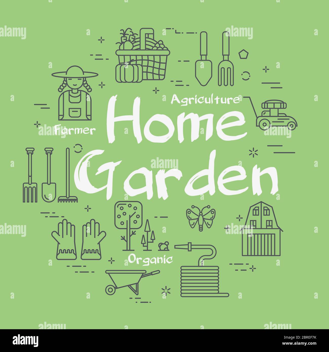 Vector lineares grünes Konzept der Hauswirtschaft und Gartenarbeit Stock Vektor