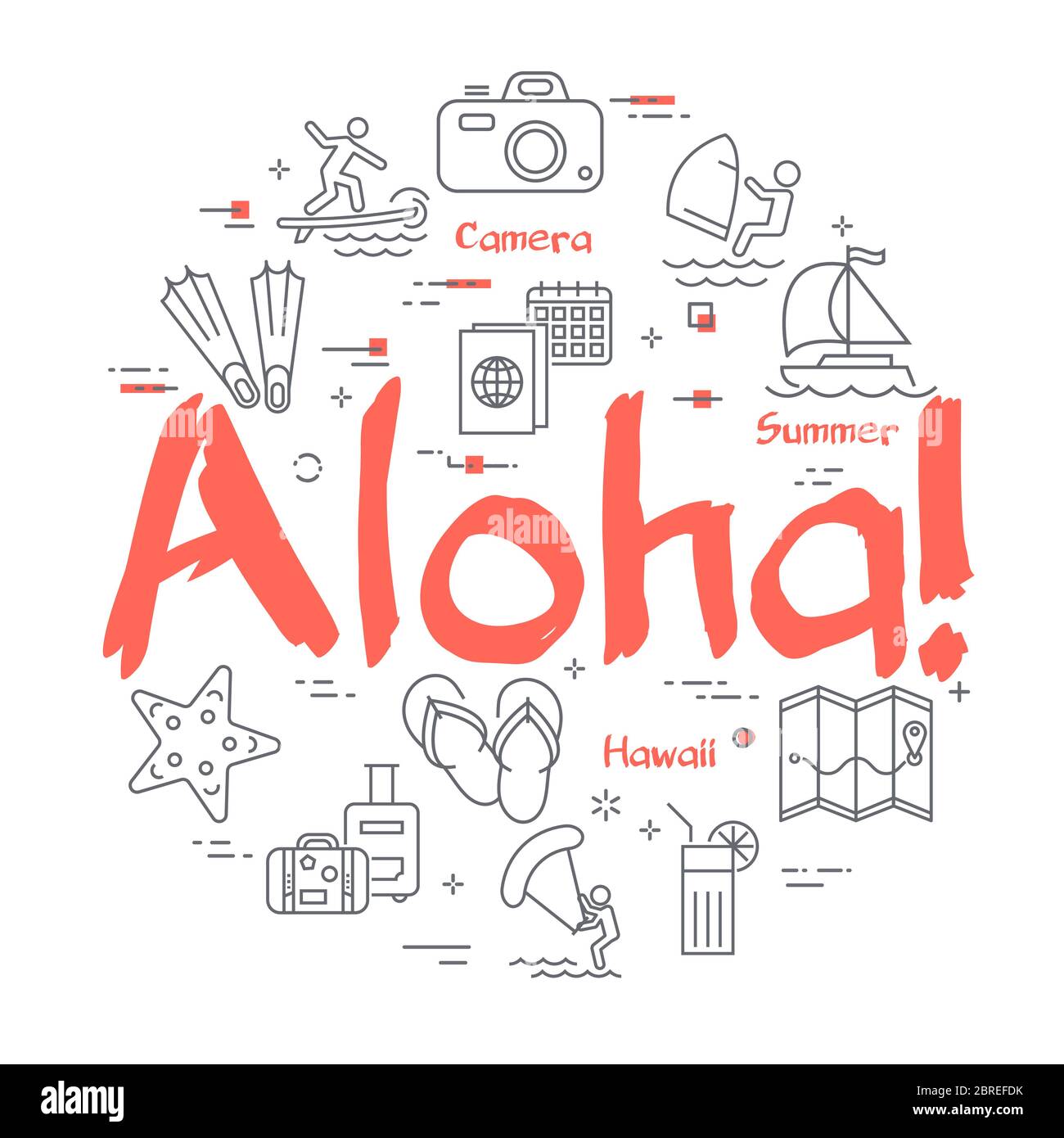 Roter Text Aloha mit linearen Symbolen für die Sommerzeit Stock Vektor