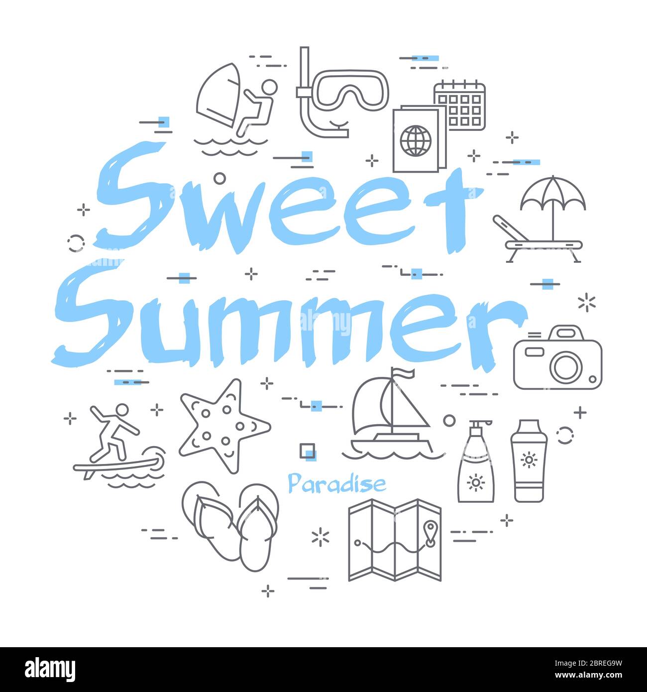 Blauer Text Sweet Summer mit linearen Symbolen für die Sommerzeit Stock Vektor