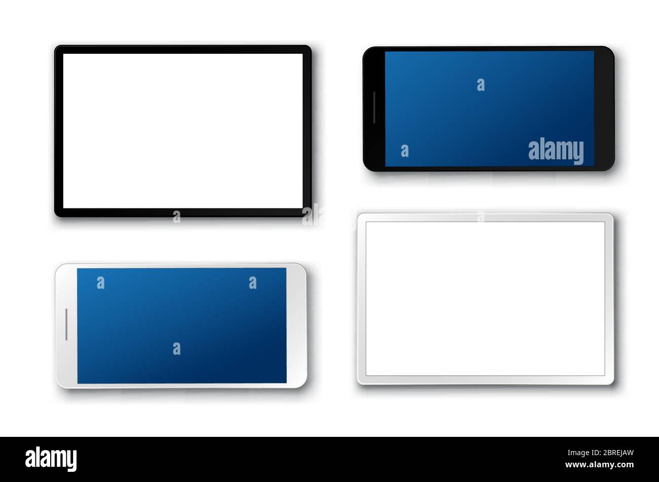 Vektorset für Tablet und Mobiltelefon. Mobiltelefone und Touchscreen-Tablet in 3D-realistischem Look mit weißem Bildschirm isoliert in weiß. Vektorgrafik Stock Vektor