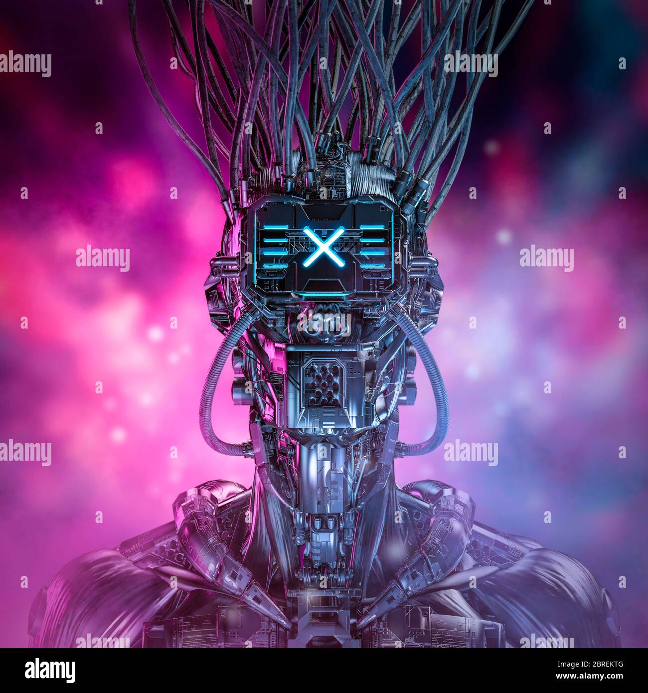 Cyberpunk Gamer Portrait / 3D Illustration von Science Fiction futuristische Roboter Charakter mit glühenden Bokeh Hintergrund Stockfoto