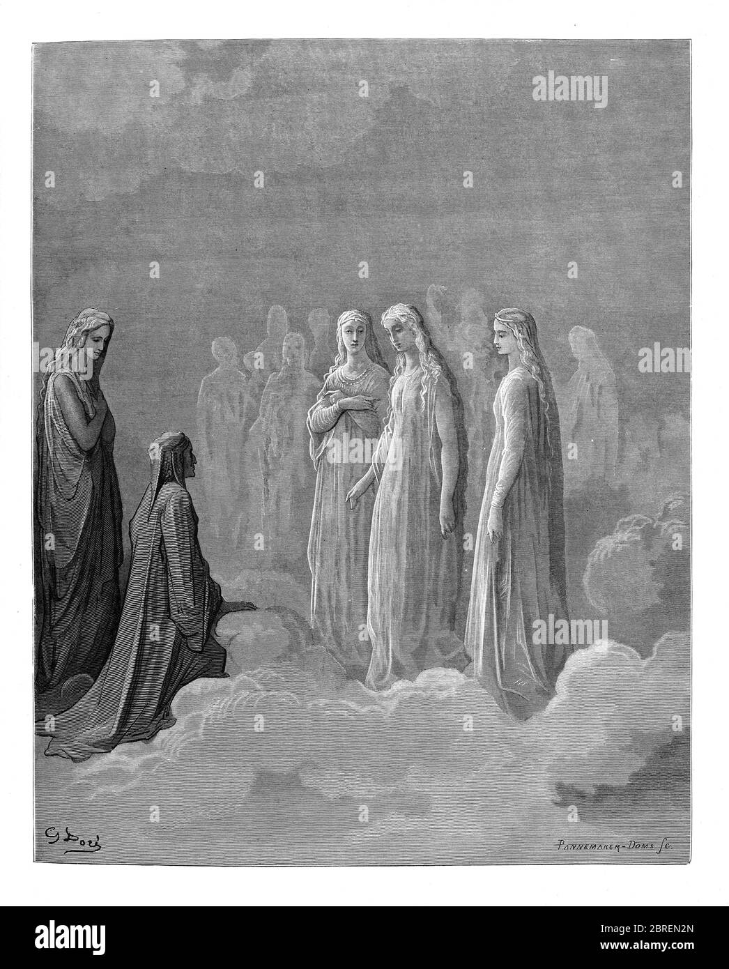 Paradiso ("Paradies" oder "Himmel") ist der dritte und letzte Teil von Dantes Göttlicher Komödie, nach dem Inferno und dem Purgatorio. Es ist eine Allegorie erzählt von Dantes Reise durch den Himmel, von Beatrice, die Theologie symbolisiert geführt. Das Paradies wird in dem Gedicht als eine Reihe konzentrischer Sphären dargestellt, die die Erde umgeben, bestehend aus Mond, Merkur, Venus, Sonne, Mars, Jupiter, Saturn, Fixsternen, Primummobil und schließlich Empyrean. Es wurde im frühen 14. Jahrhundert geschrieben. Allegorisch stellt das Gedicht den Aufstieg der Seele zu Gott dar. Aus der Göttlichen Komödie um 14. Jh. Stockfoto
